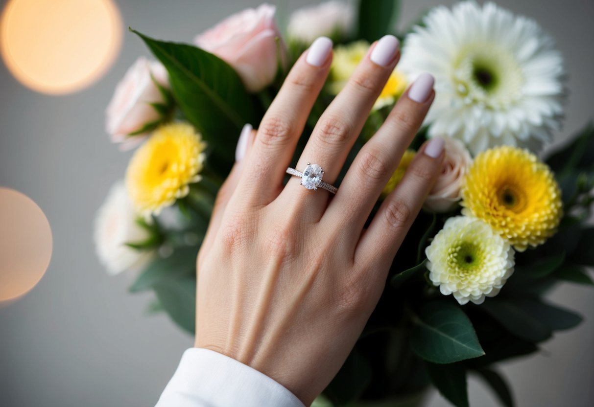 A woman's right hand with a wedding band, surrounded by flowers and a glowing light