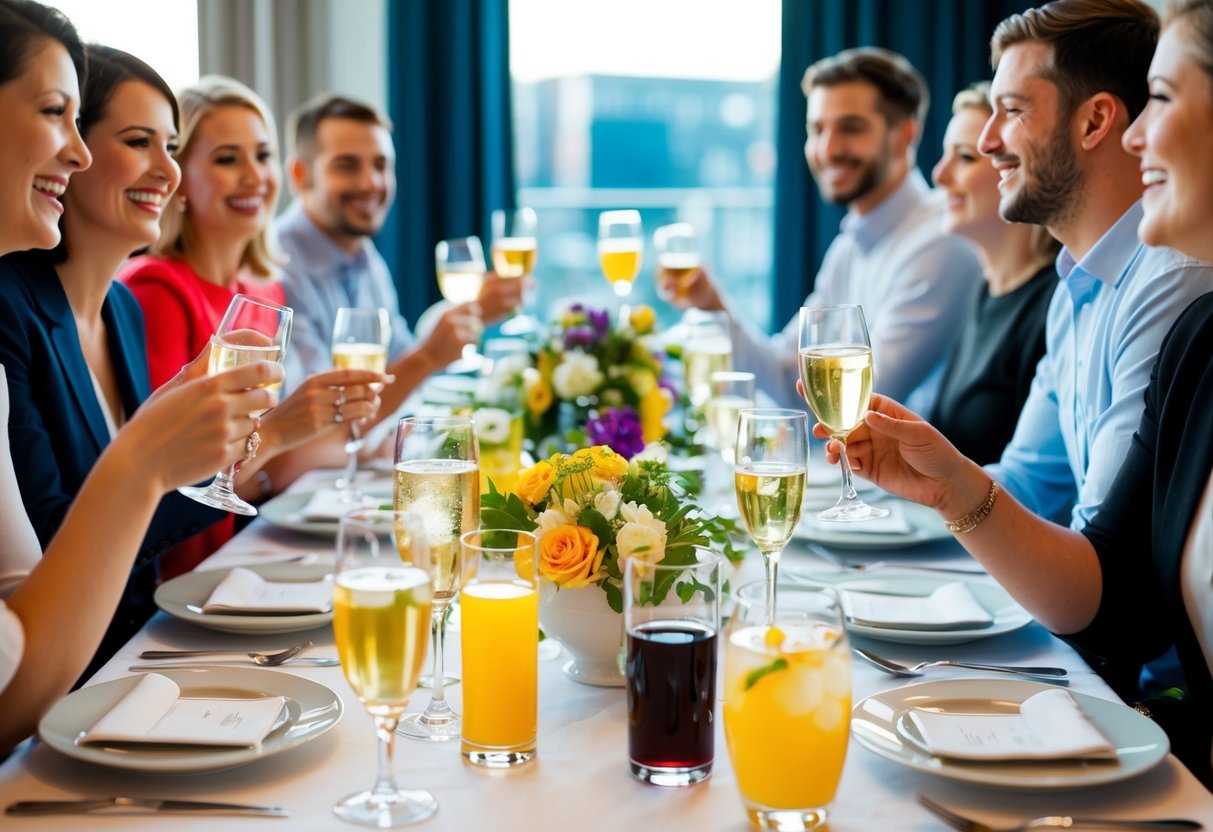A table with elegant glassware and a variety of non-alcoholic beverages, surrounded by cheerful guests enjoying lively conversation