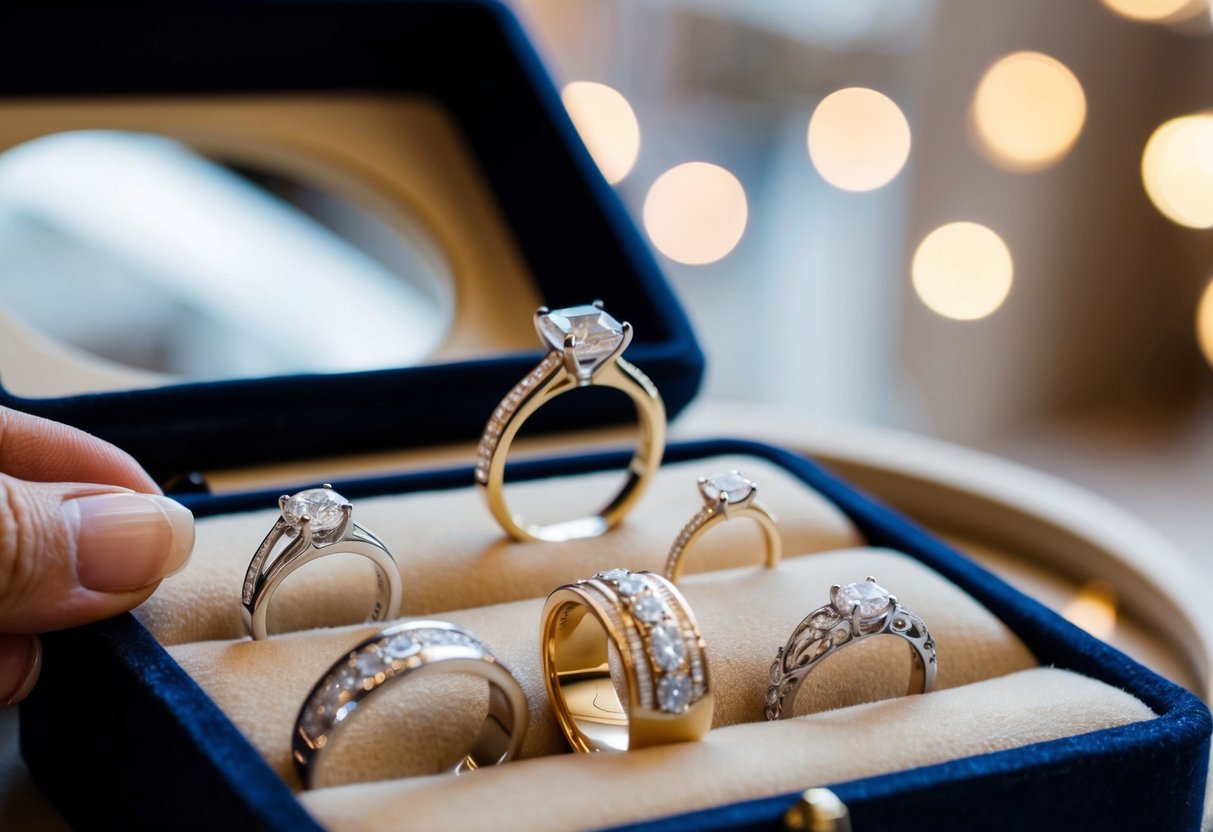 A jeweler presents a selection of elegant wedding bands, focusing on the woman's ring. The bands are displayed in a velvet-lined case, with soft lighting highlighting their intricate designs