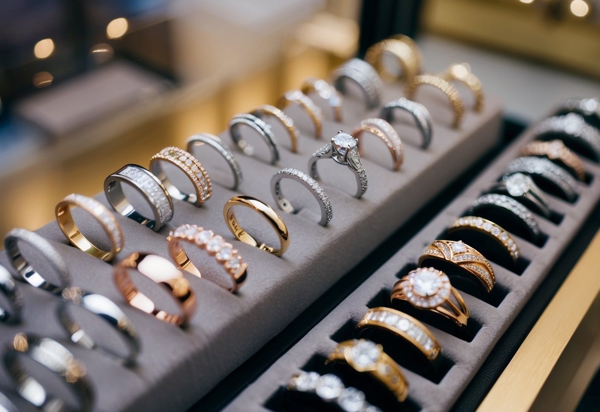 A jewelry store display showcasing a variety of women's wedding bands in different styles and metals, with a focus on the intricate details and designs