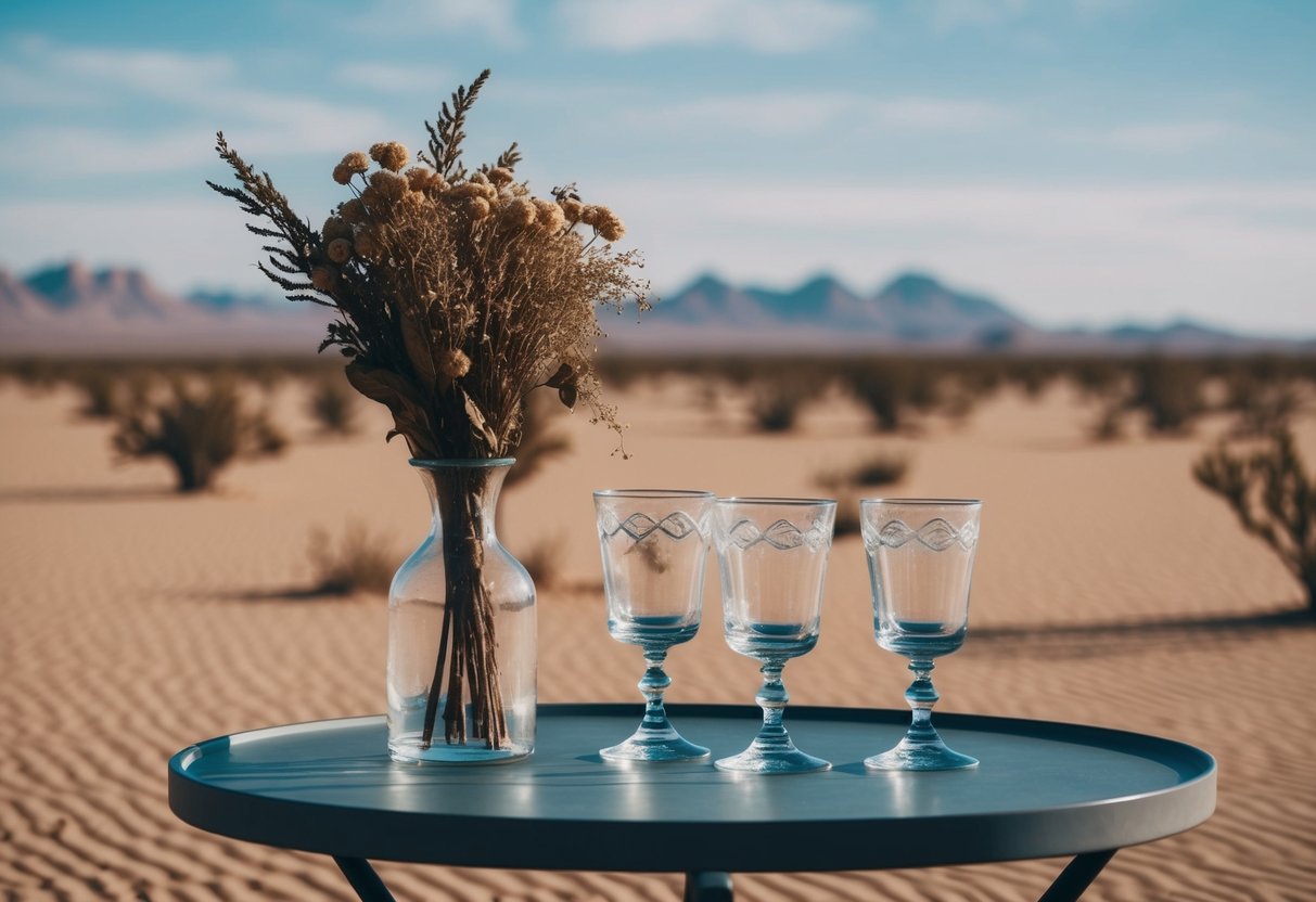 A barren desert landscape with empty glasses and a wilted bouquet on a table