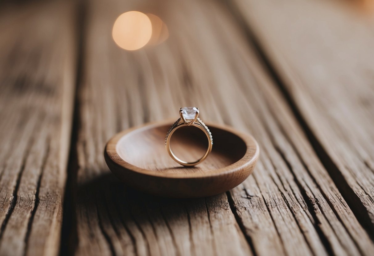A small, simple ring placed on a rustic wooden table with soft, natural lighting