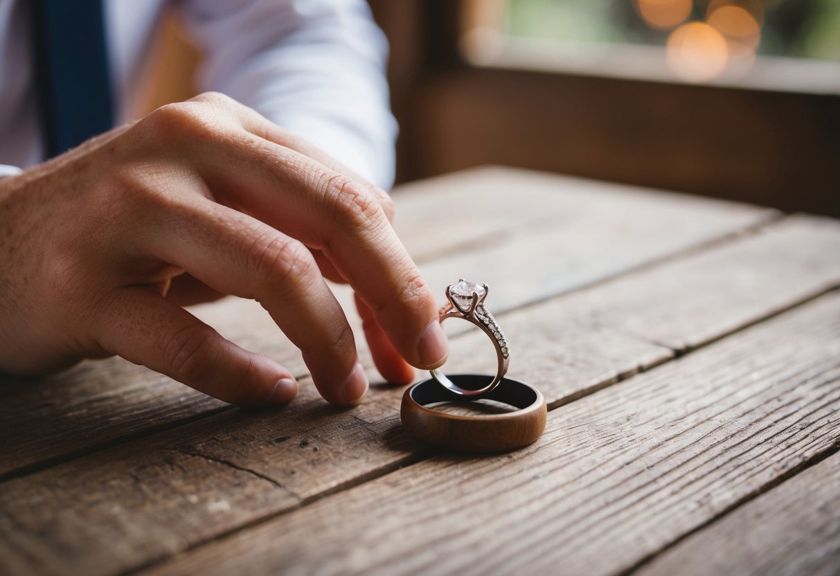 A hand placing a simple wedding ring on a rustic wooden table