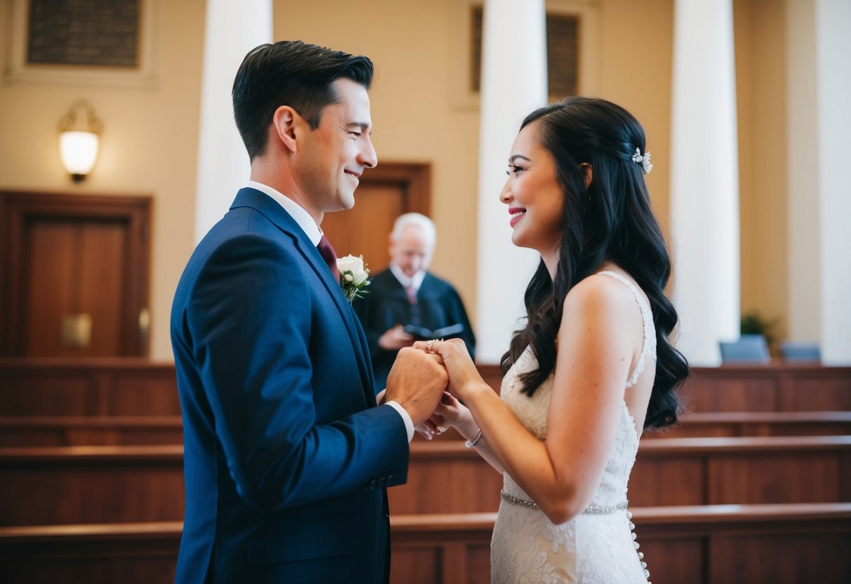 A couple exchanging vows with a simple ring in a courthouse