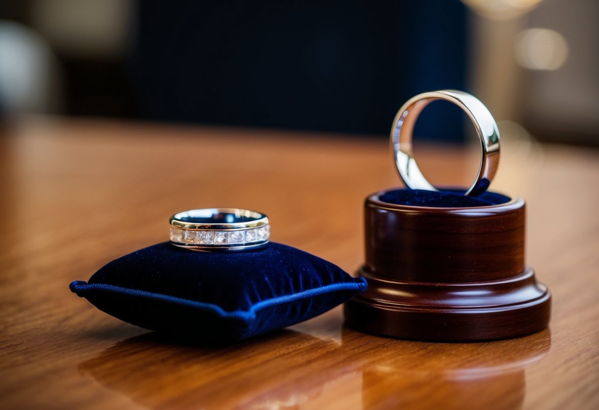 A wedding band sits alone on a velvet cushion, while a wedding ring is displayed on a polished wooden stand