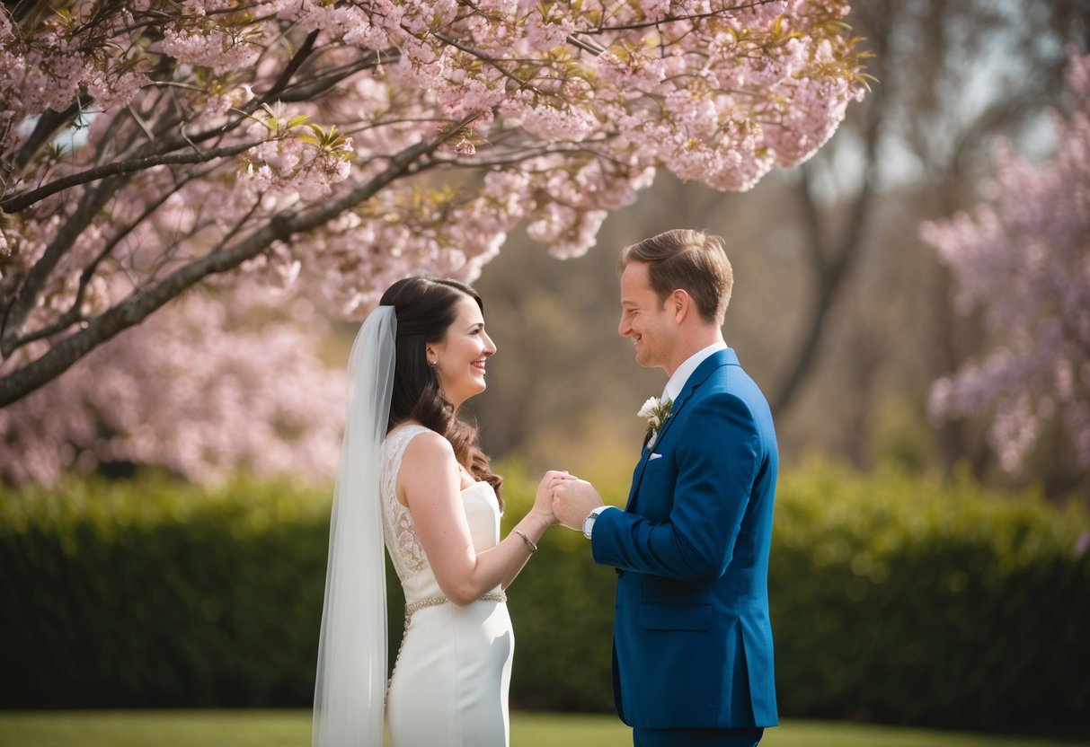 A couple exchanging vows with a simple ring under a blooming tree