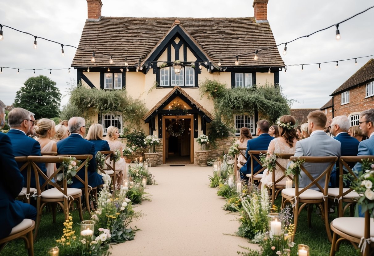 A quaint village hall decorated with fairy lights and wildflowers, set up for a charming and intimate wedding ceremony