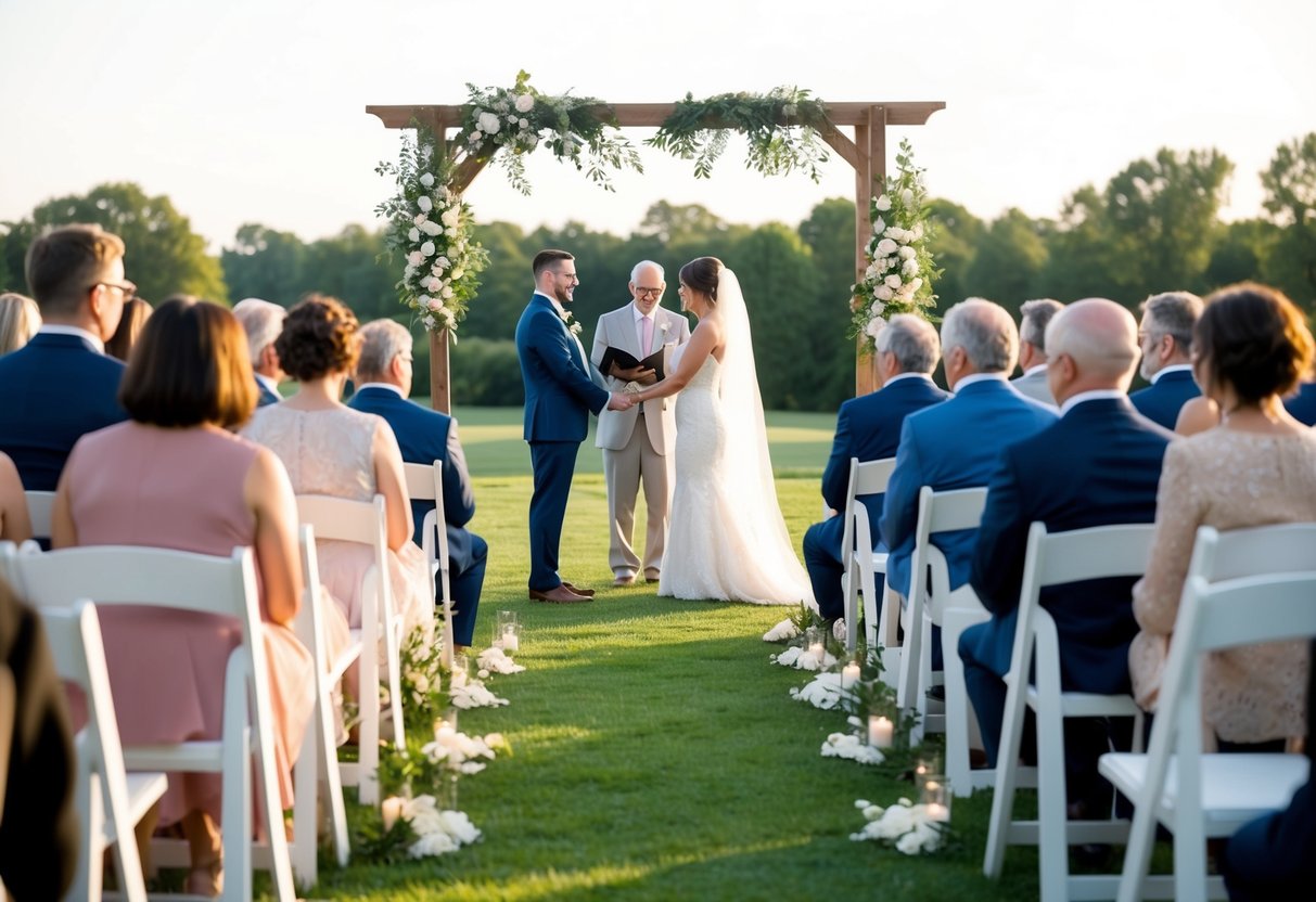 A simple outdoor wedding ceremony with minimal decorations and a small guest list