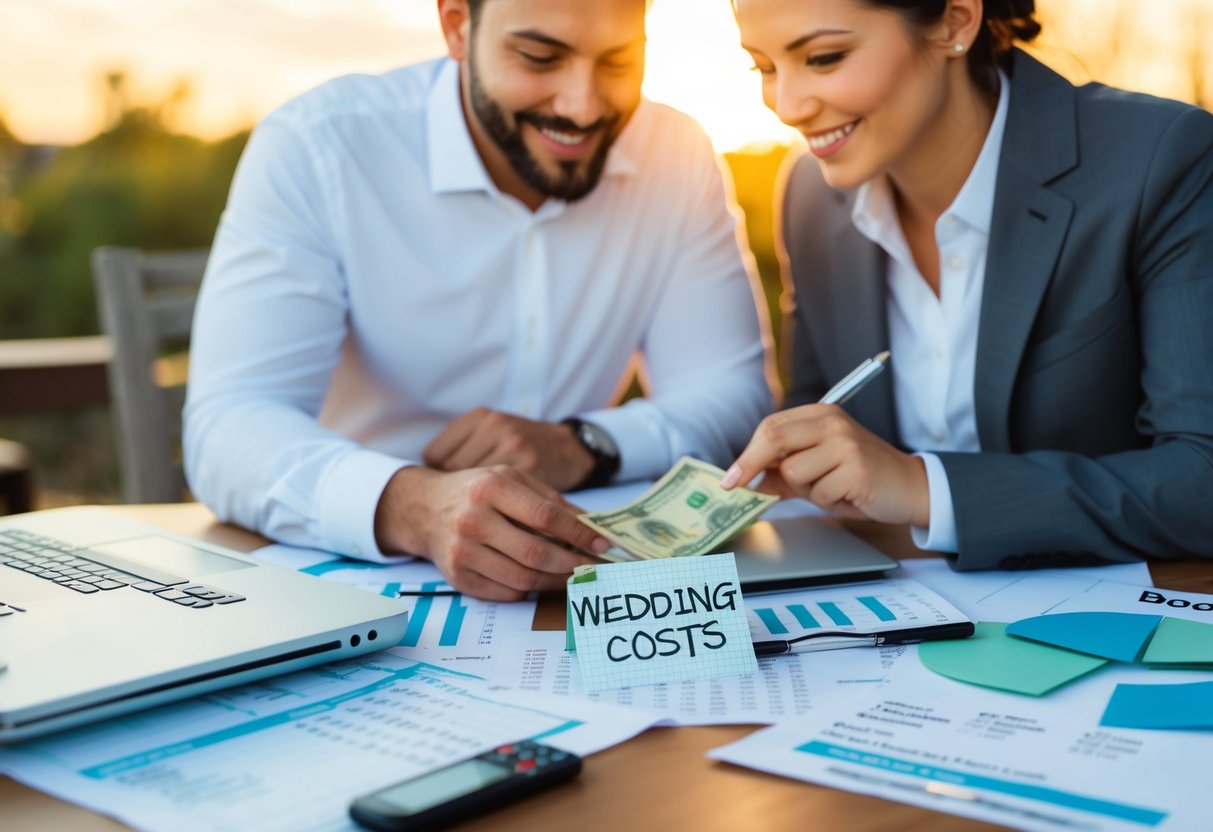 A couple researching wedding costs, surrounded by budget spreadsheets and money-saving tips