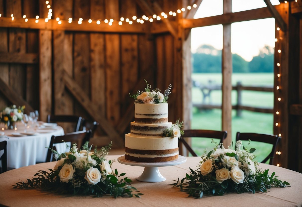 A cozy, intimate wedding reception in a rustic barn with fairy lights, wildflower centerpieces, and a simple, homemade cake