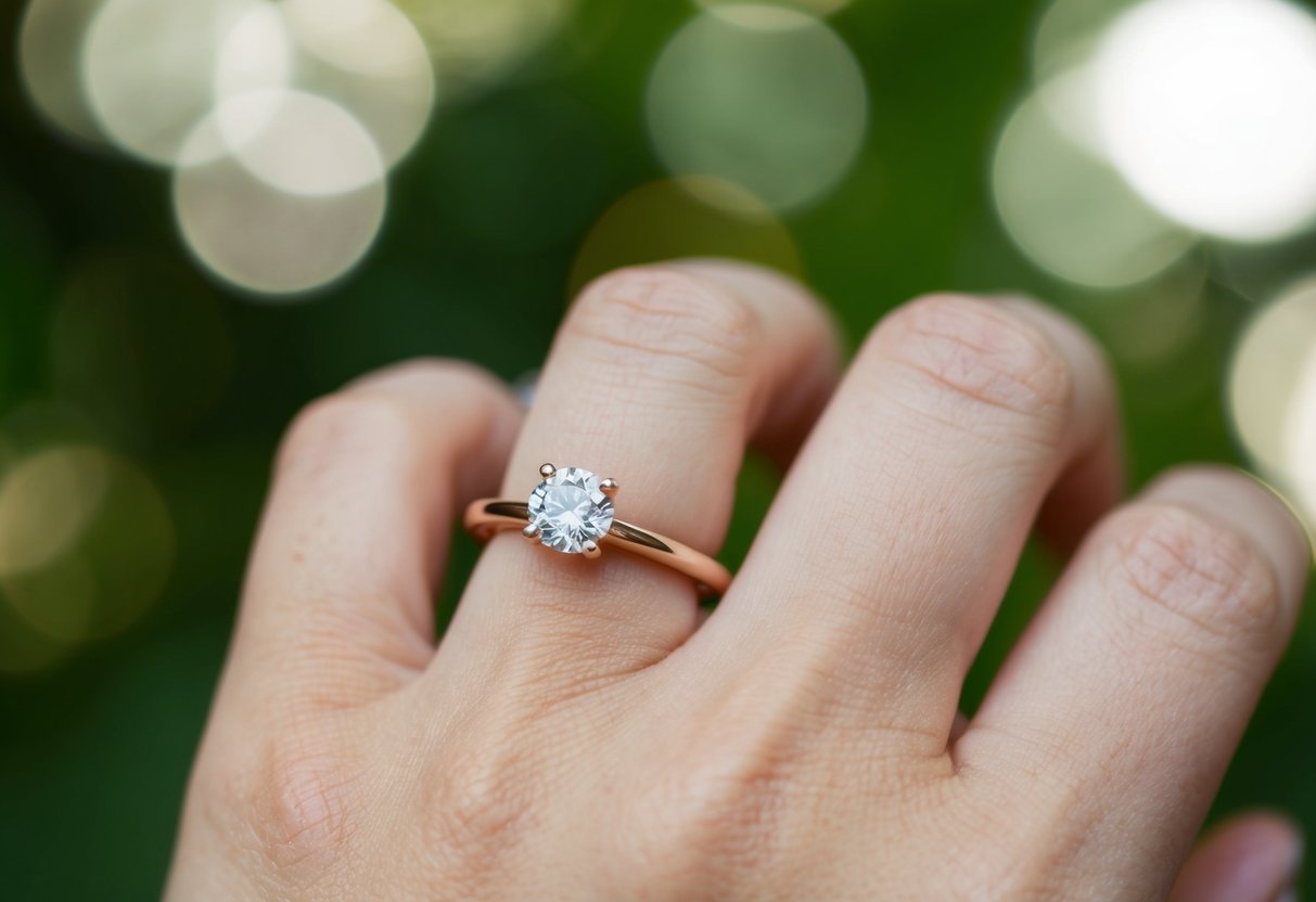 A ring placed on a ring finger with a simple, classic design
