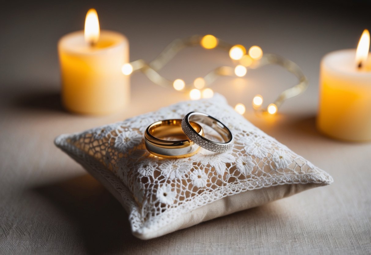 Two rings resting on a delicate lace pillow, surrounded by soft candlelight