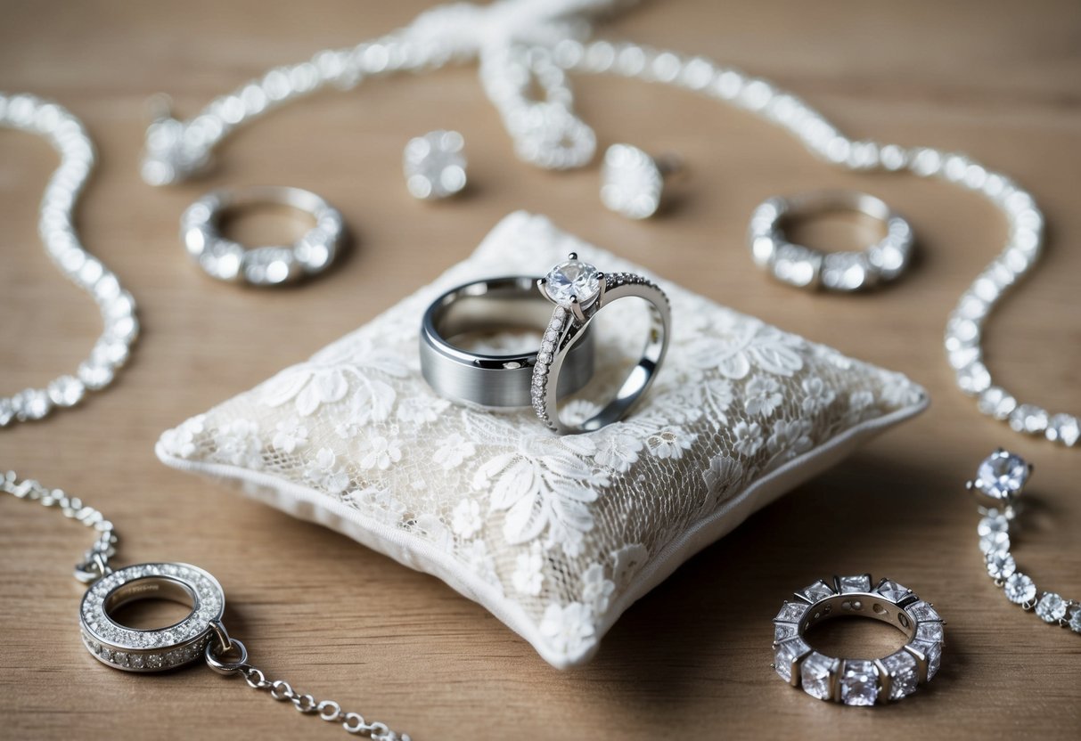 A bride and groom's wedding rings resting on a delicate lace pillow, surrounded by sparkling earrings, necklaces, and bracelets