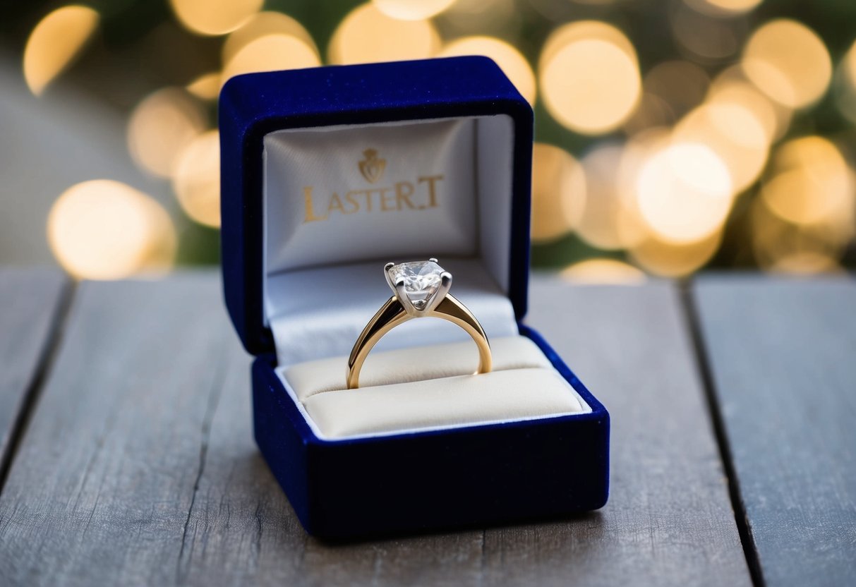 A ring displayed in a velvet box, adorned with a simple, elegant design and a single, sparkling diamond