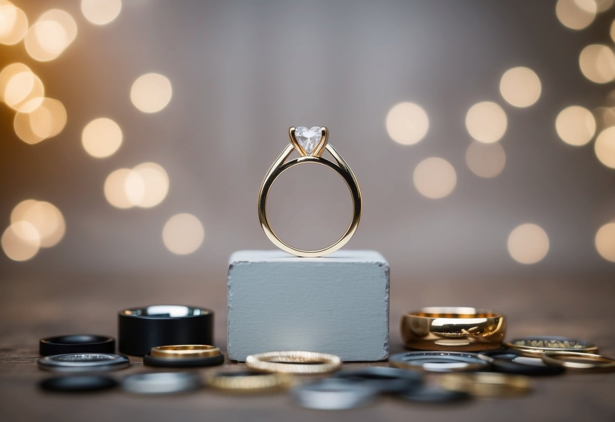 A single ring placed on a pedestal, with a second ring nearby, surrounded by various symbols of love and commitment