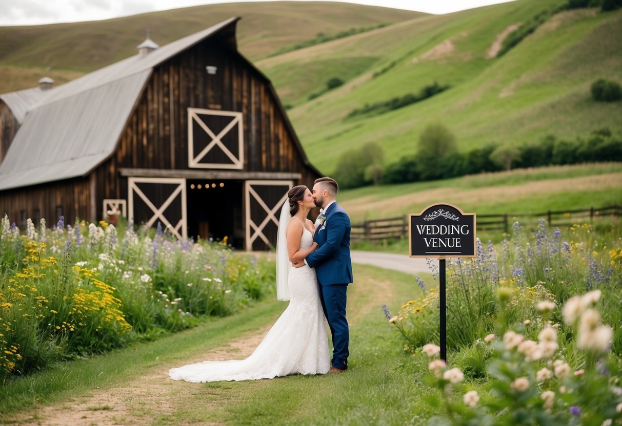A couple stands outside a rustic barn surrounded by rolling hills and blooming wildflowers, with a sign indicating "Wedding Venue" displayed prominently