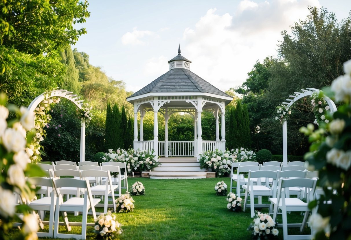 A picturesque outdoor wedding venue with a gazebo, seating, and decorative archway surrounded by lush greenery and blooming flowers