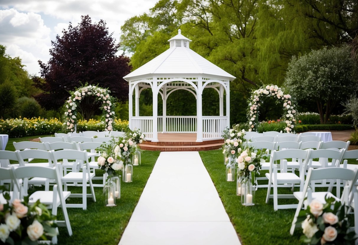 A picturesque outdoor wedding venue with a gazebo, floral arches, and seating arrangements surrounded by lush greenery and blooming flowers
