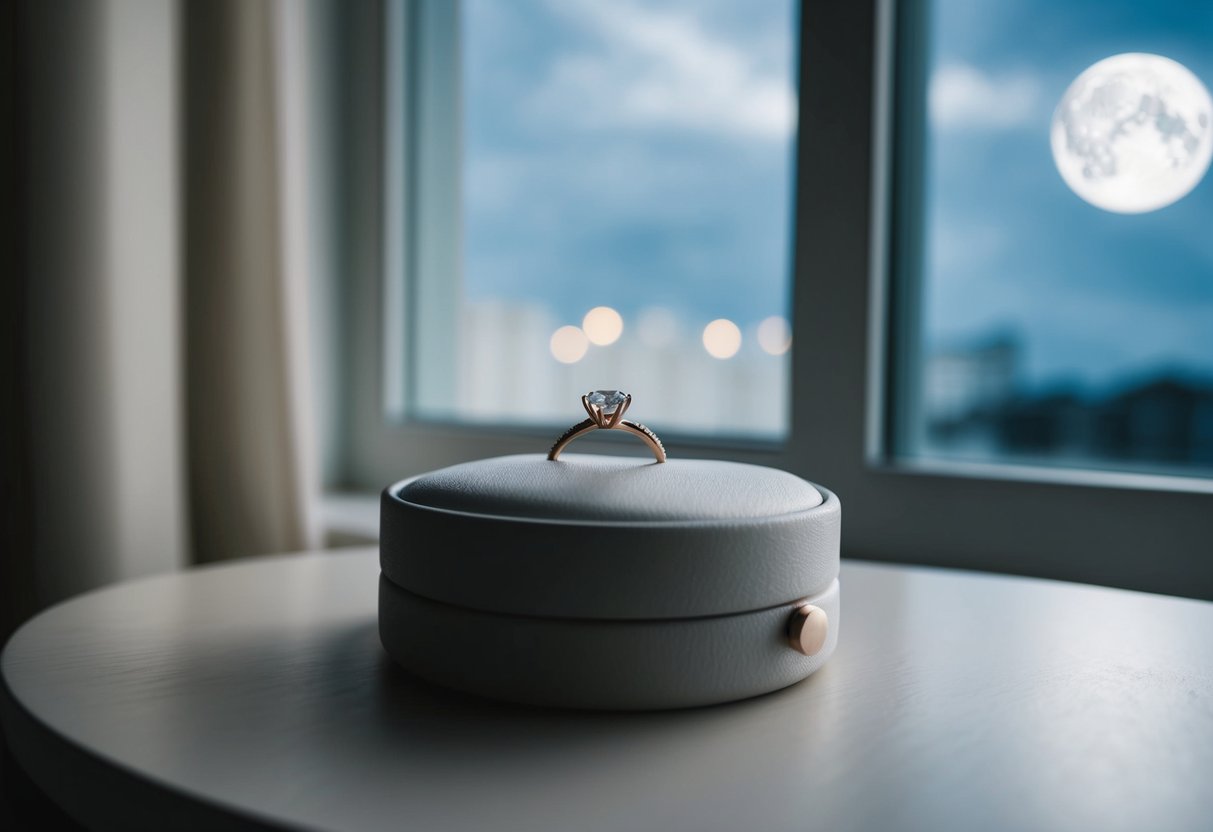 A bedside table with a delicate engagement ring resting on top, softly illuminated by the moonlight filtering through the window