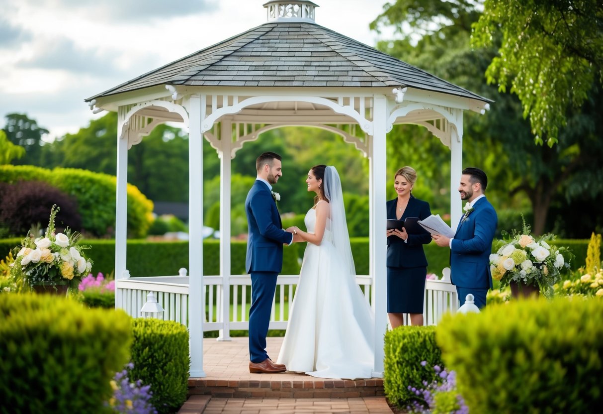 A couple exchanging vows under a gazebo in a lush garden, with a lawyer and insurance agent discussing legal and permission documents nearby