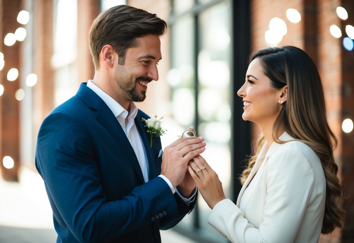 A man presenting a ring to a woman, both smiling