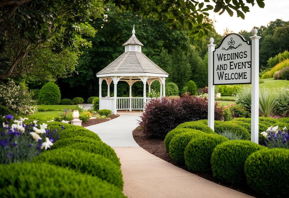 A picturesque wedding venue surrounded by lush gardens and a charming gazebo, with a sign indicating "Weddings and Events Welcome" at the entrance