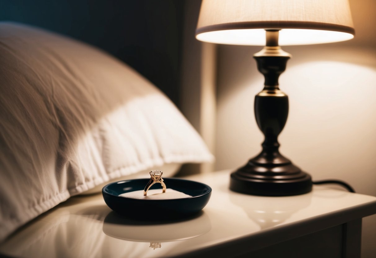 A bedside table with a small dish or jewelry box holding an engagement ring, next to a softly glowing lamp