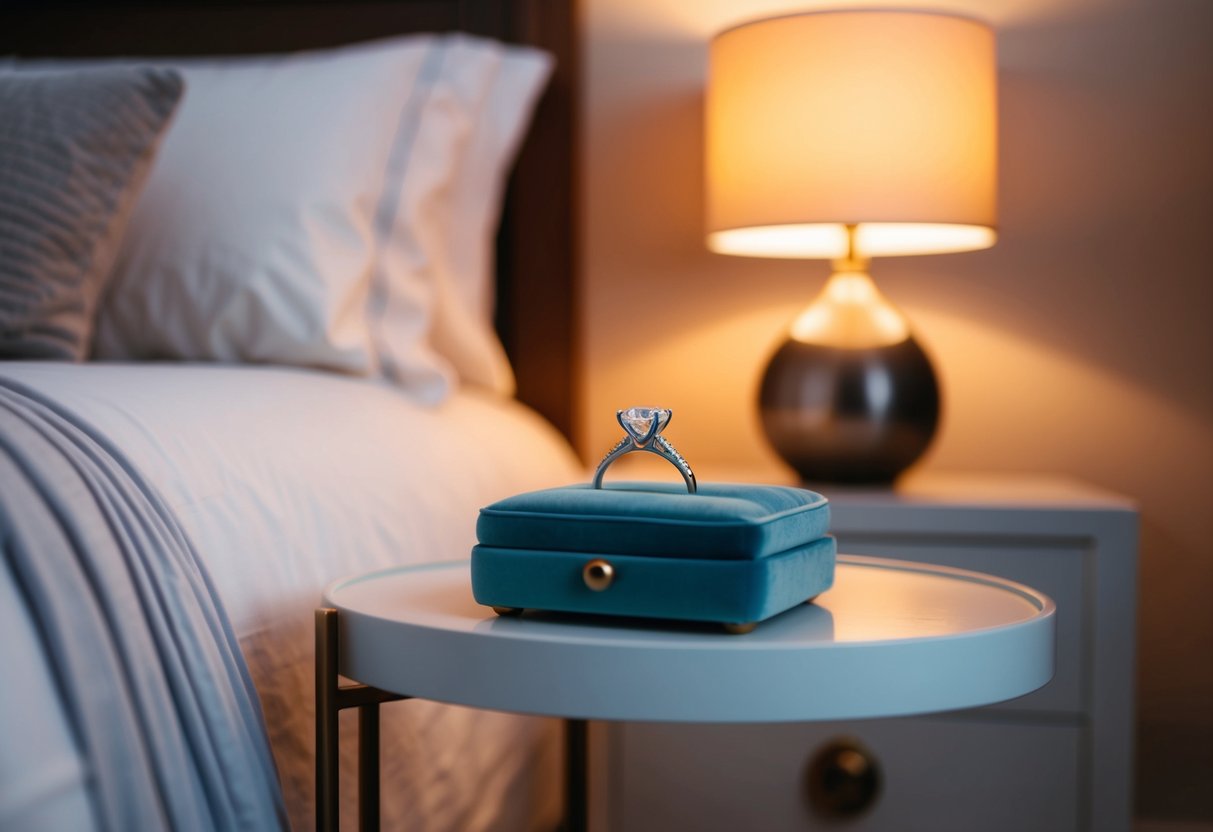 An engagement ring resting on a bedside table next to a cozy bed with soft sheets and a warm lamp glowing in the background