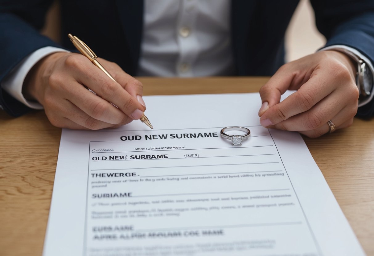 A person filling out a form with their old and new surname, while a wedding ring sits on the table