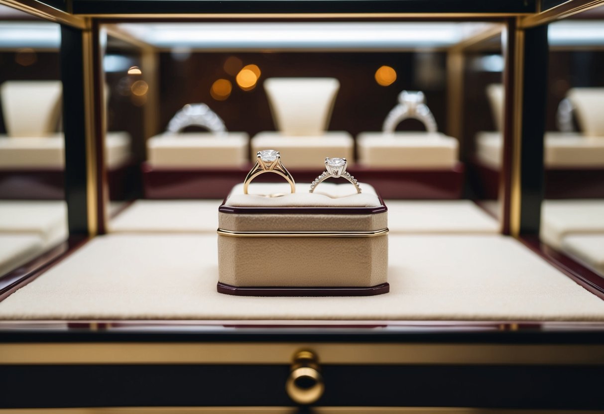 A jeweler's display case with sparkling engagement and wedding rings