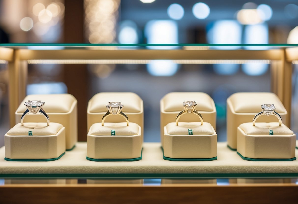 A jeweler's display with elegant engagement and wedding rings showcased side by side