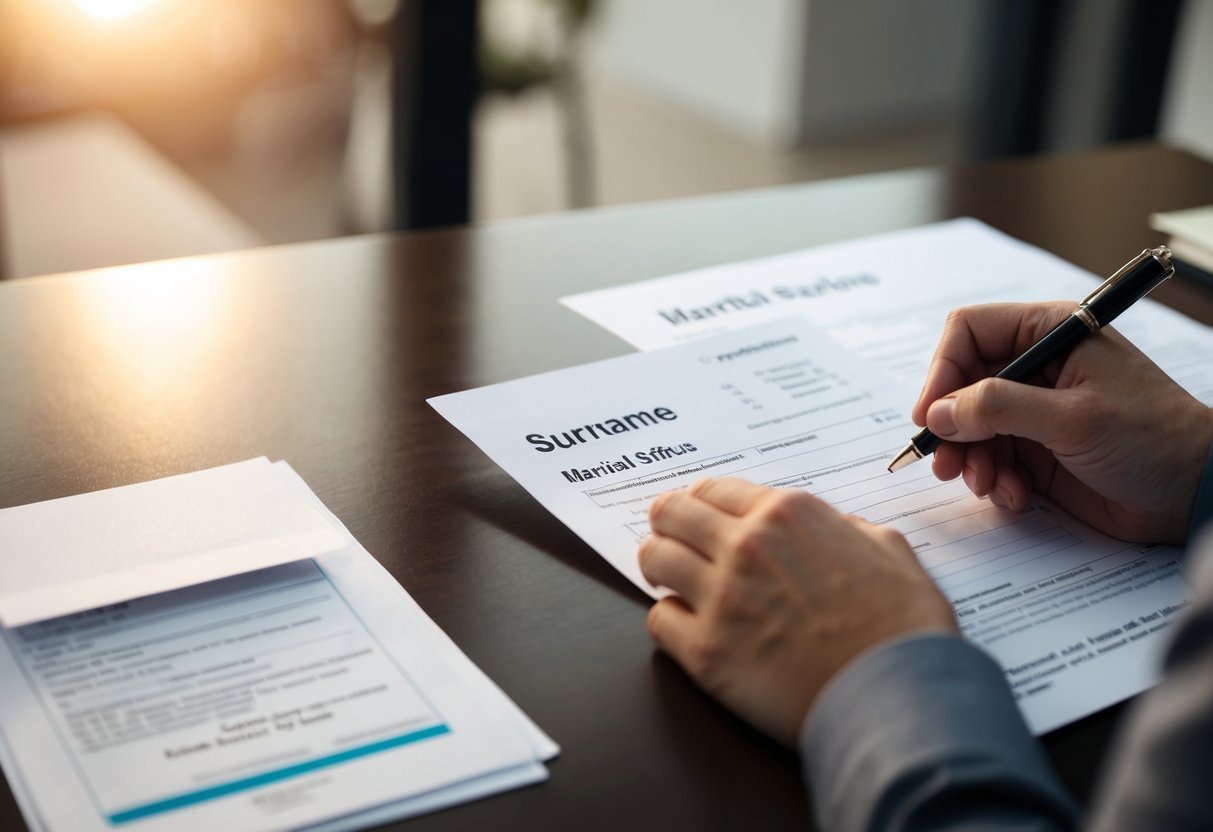 A person filling out a form with "Surname" and "Marital Status" sections, with a marriage certificate and HMRC letter on the table