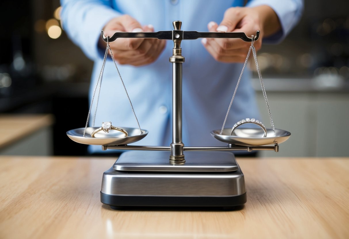 A jeweler's scale weighing an engagement ring and a wedding ring