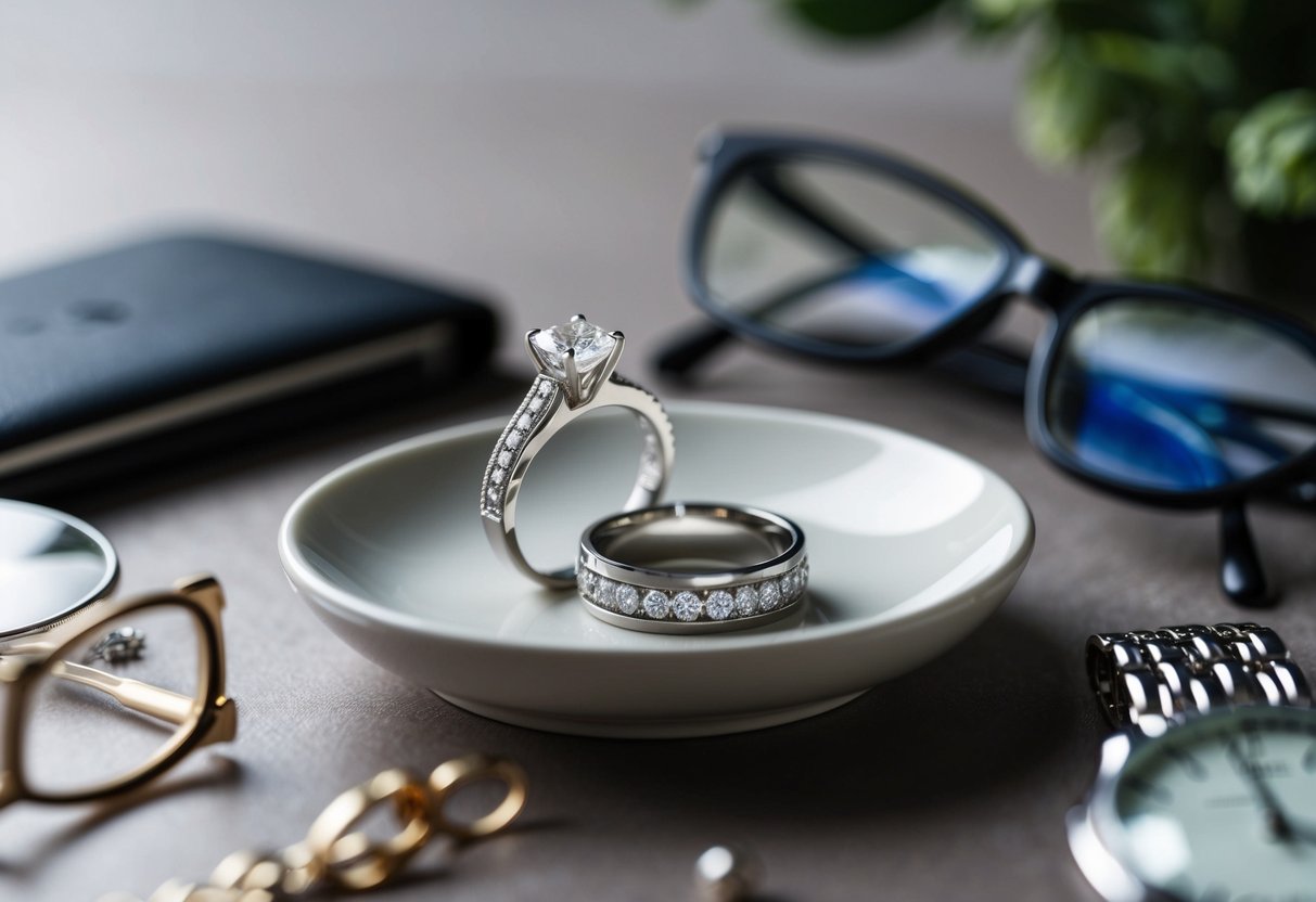 A woman's engagement ring and wedding band resting on a jewelry dish, surrounded by everyday items like a watch and a pair of glasses