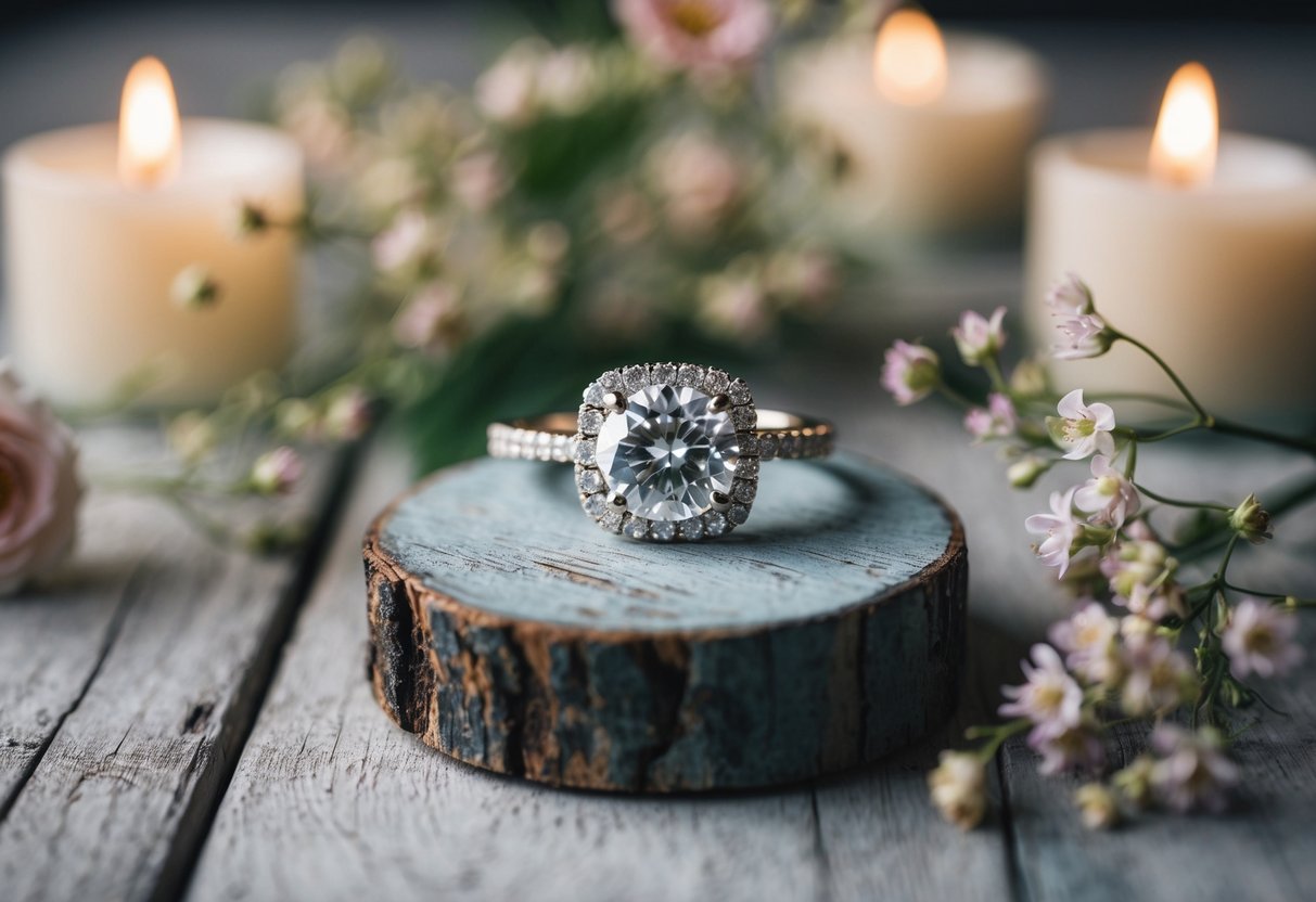 A sparkling engagement ring rests on a weathered wooden surface, surrounded by delicate flowers and soft candlelight