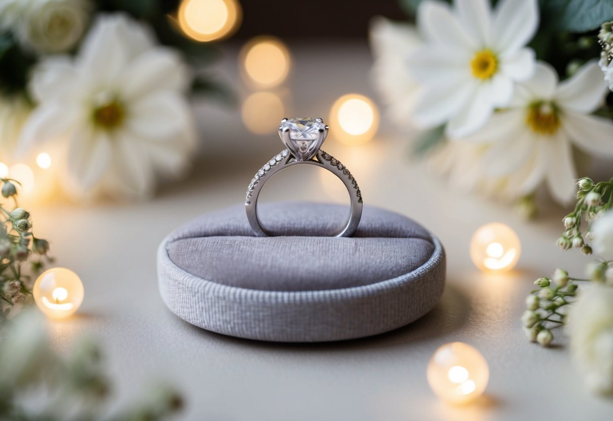A sparkling engagement ring displayed on a velvet cushion, surrounded by soft lighting and delicate floral arrangements