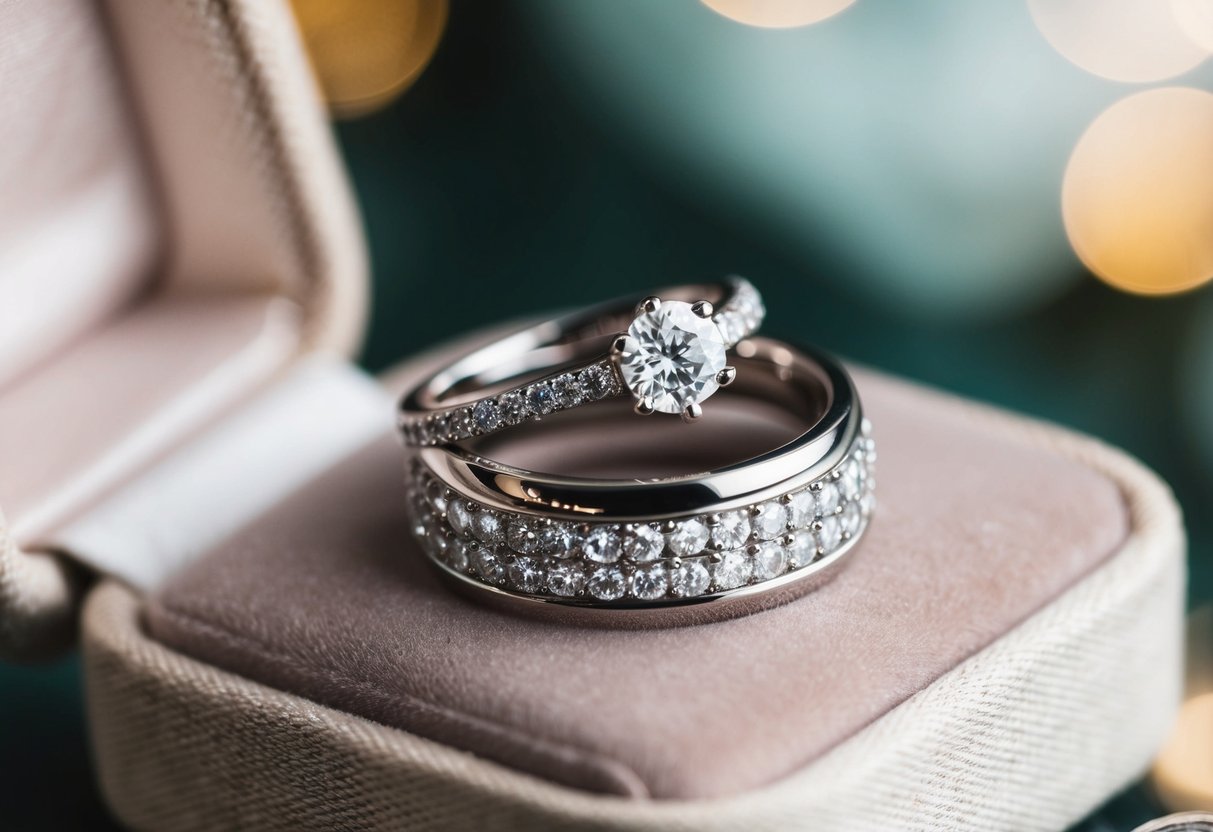 A sparkling wedding band rests atop an elegant engagement ring, both nestled on a soft velvet cushion