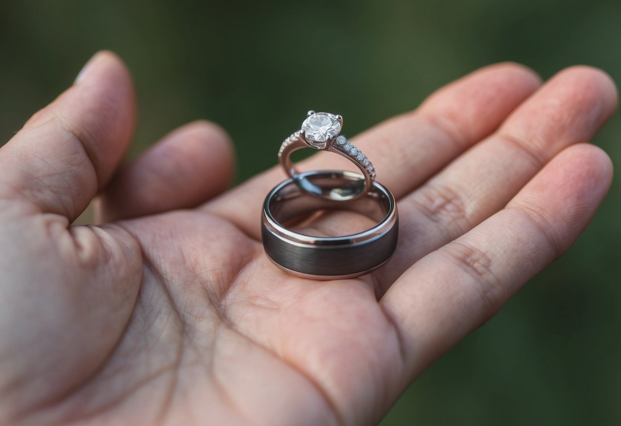 A hand holding a wedding band and engagement ring, with the wedding band placed on top of the engagement ring