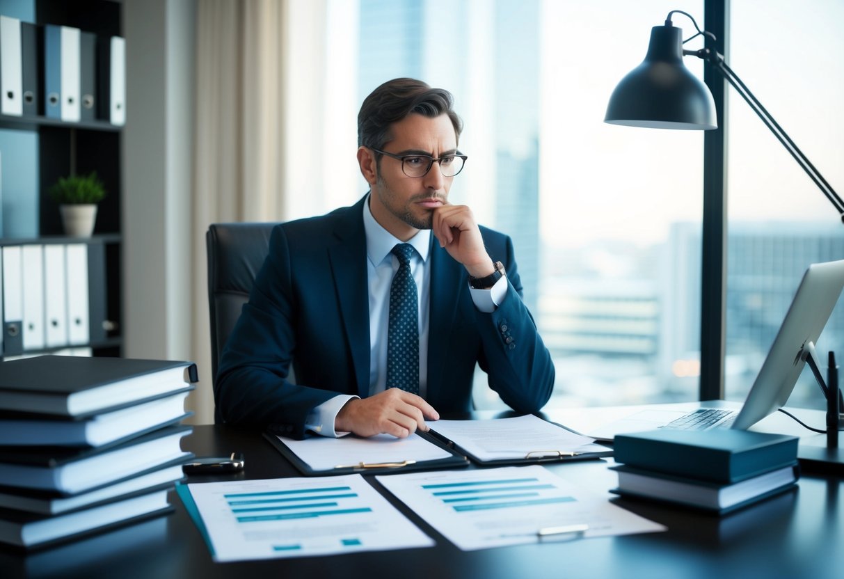 A lawyer sitting at a desk with legal documents and financial statements spread out in front of them, deep in thought