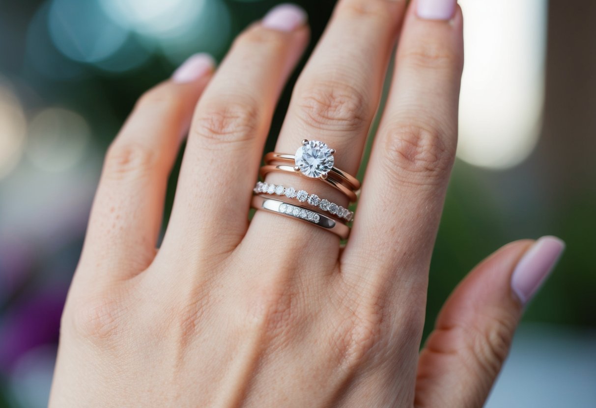 A hand adorned with a delicate engagement ring and a simple wedding band stacked on top, showcasing personal style