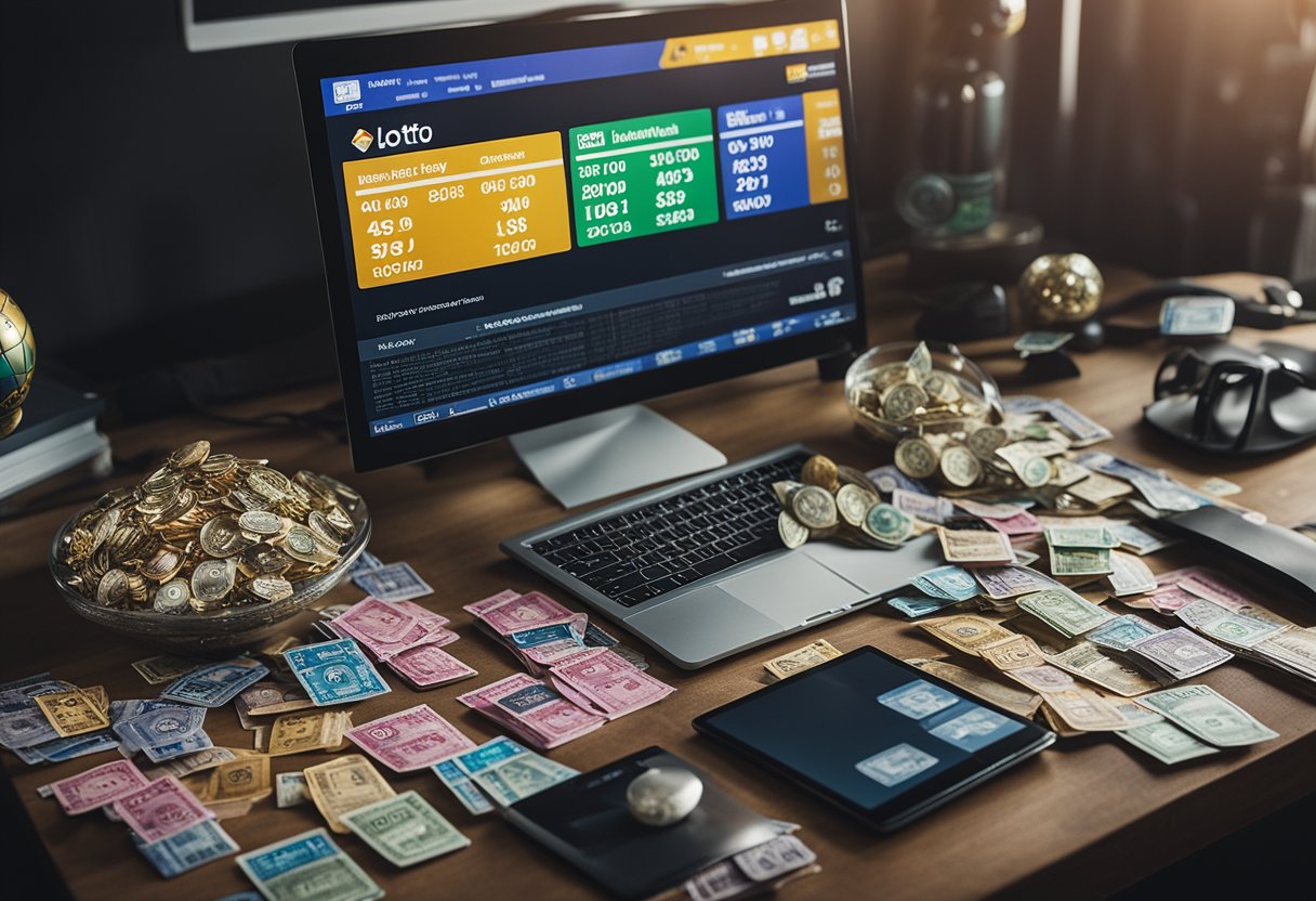 A computer with the www MyLotto co nz website open, surrounded by lottery tickets and a lucky charm