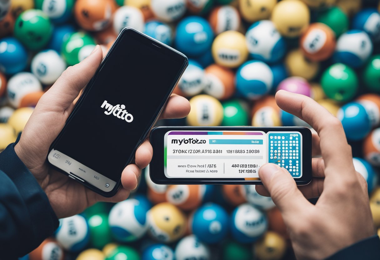 A hand holding a phone with mylotto.co.nz on the screen, with lotto balls and a ticket in the background