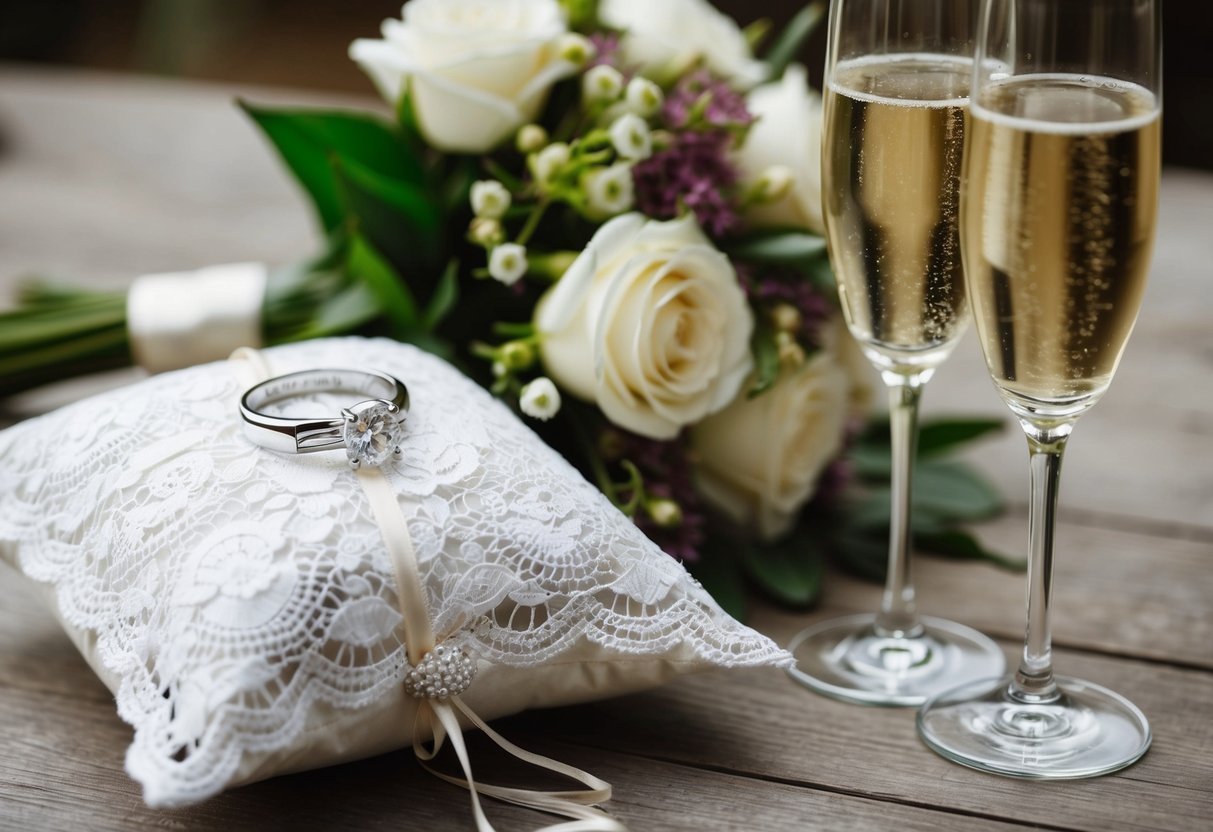 An engagement ring rests on a white lace pillow beside a wedding bouquet and a pair of champagne glasses