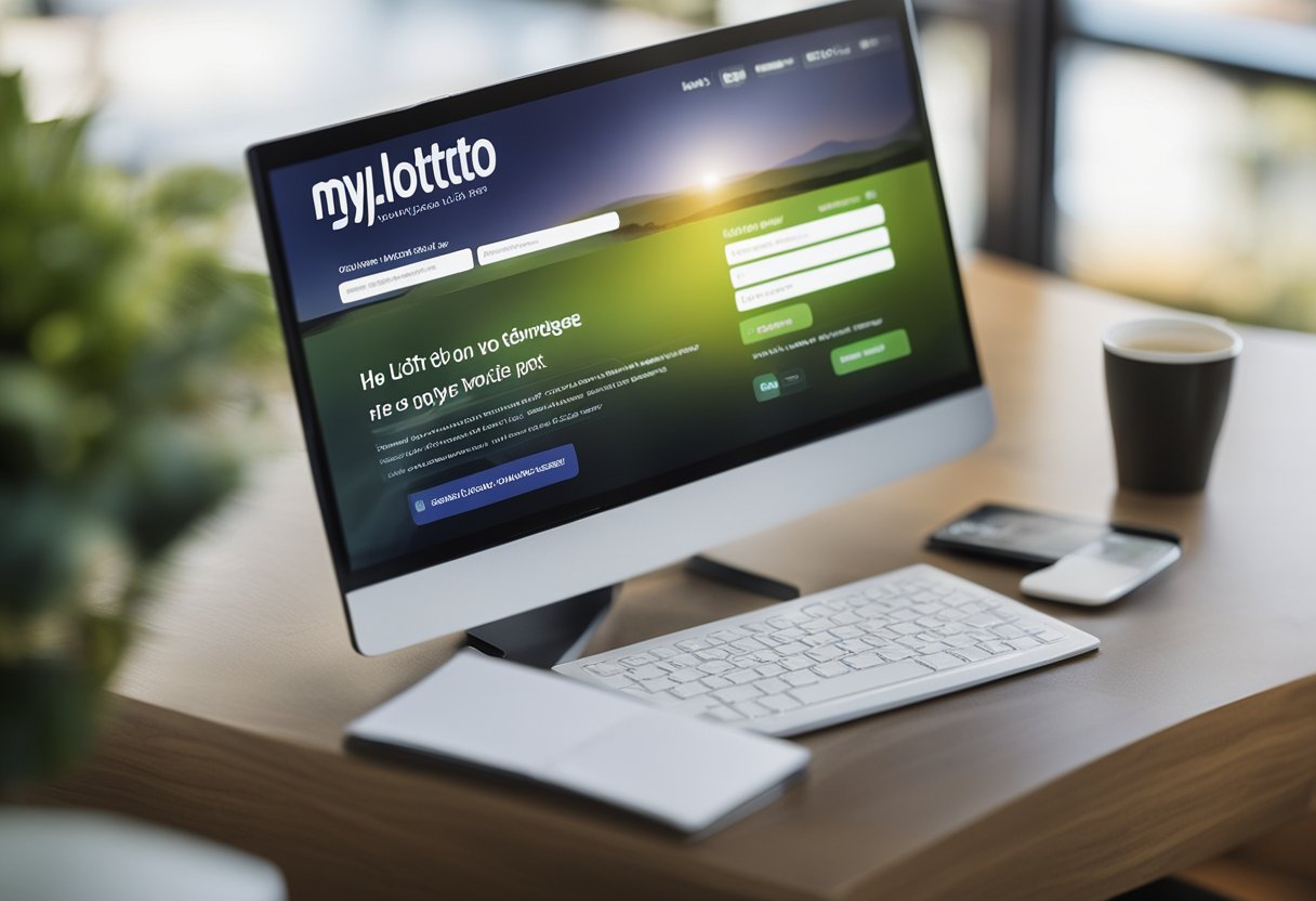 A computer screen displaying the mylotto.co.nz website with a registration form and a login button