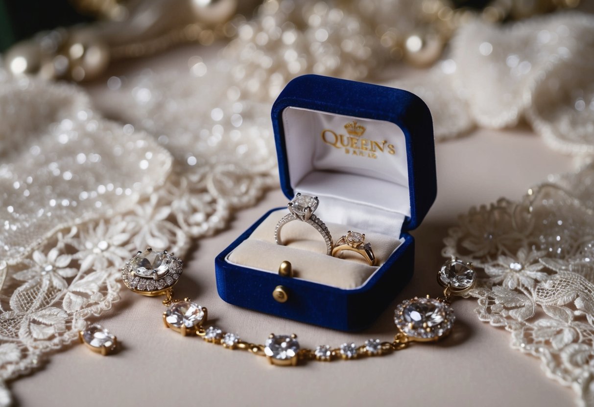 The queen's wedding and engagement rings sit on a velvet cushion, surrounded by sparkling jewels and delicate lace