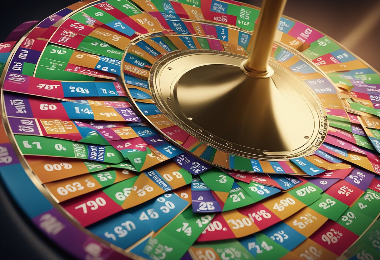 A colorful lottery ticket being drawn from a spinning drum, with the winning numbers displayed on a screen