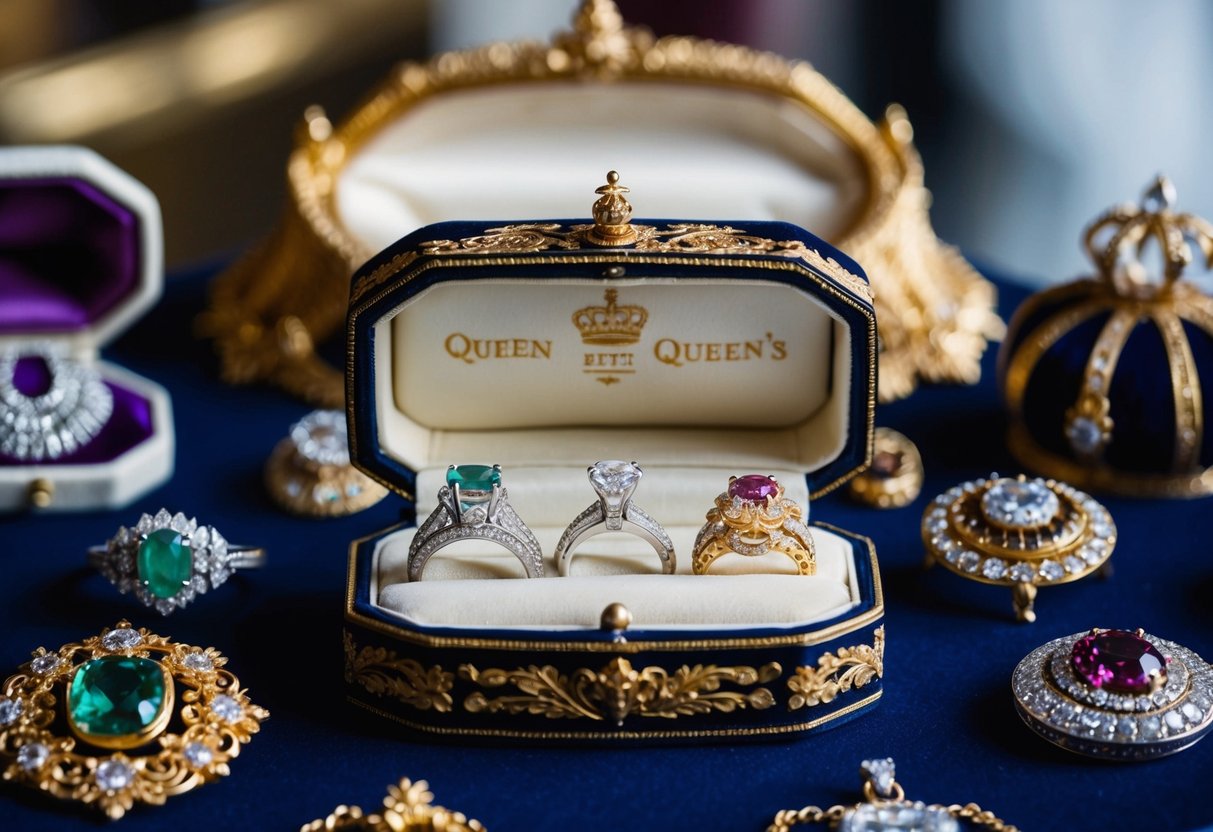 The queen's wedding and engagement rings are displayed in a grand, ornate jewelry box, surrounded by other precious jewels and artifacts from her reign