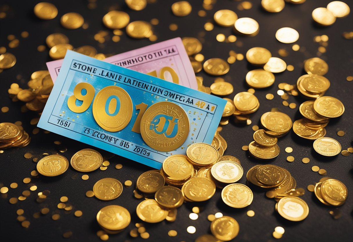 A colorful lottery ticket surrounded by shining gold coins and sparkling confetti