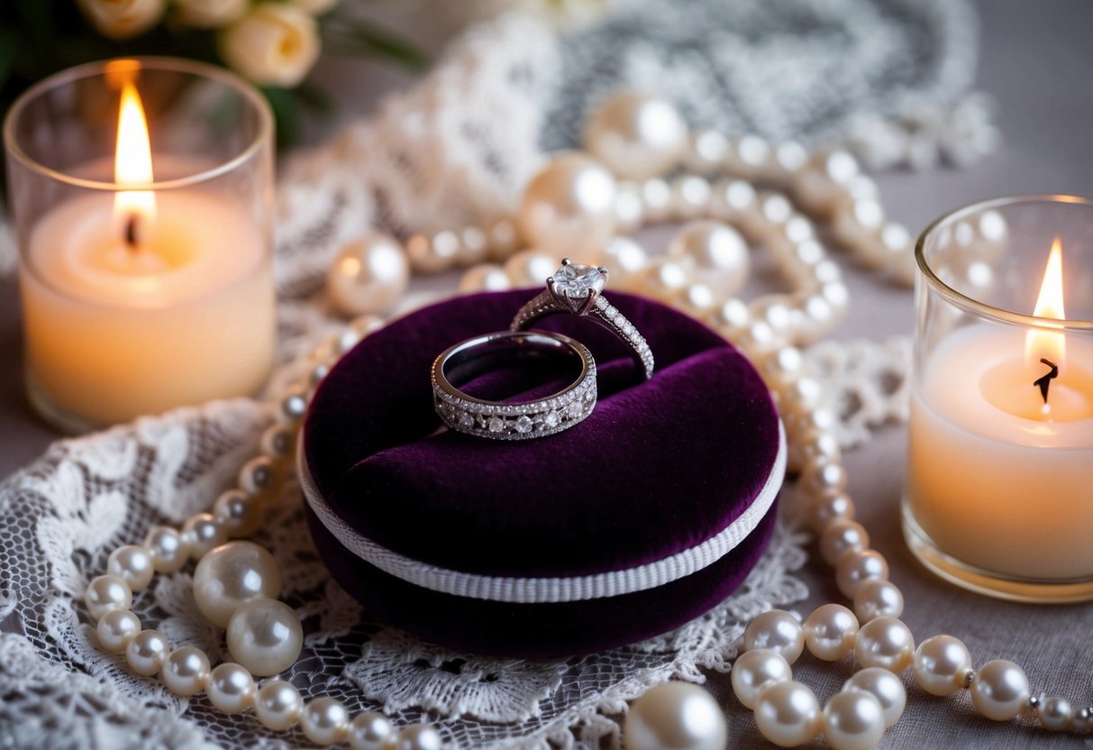 The queen's wedding and engagement rings sit on a velvet cushion, bathed in soft candlelight, surrounded by delicate lace and vintage pearls