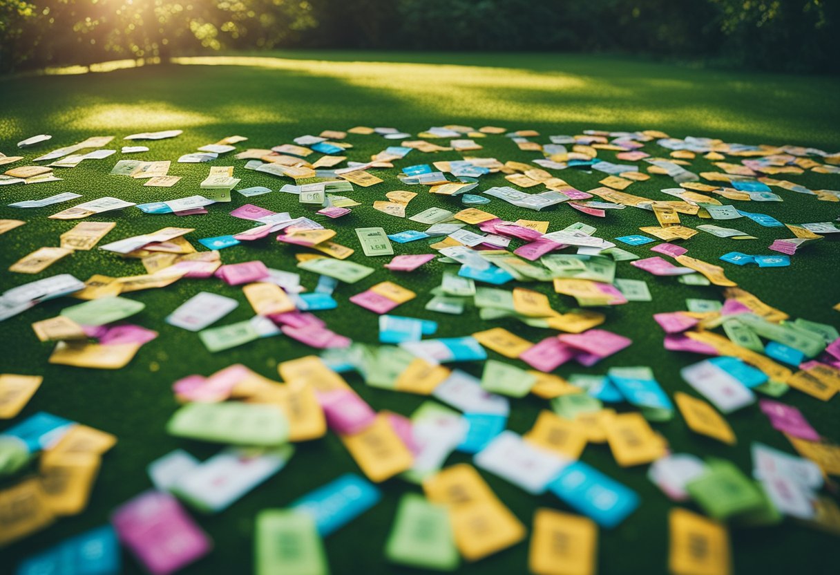 A serene, sunlit garden with a colorful array of lottery tickets scattered across a table, surrounded by lush greenery and a sense of tranquility